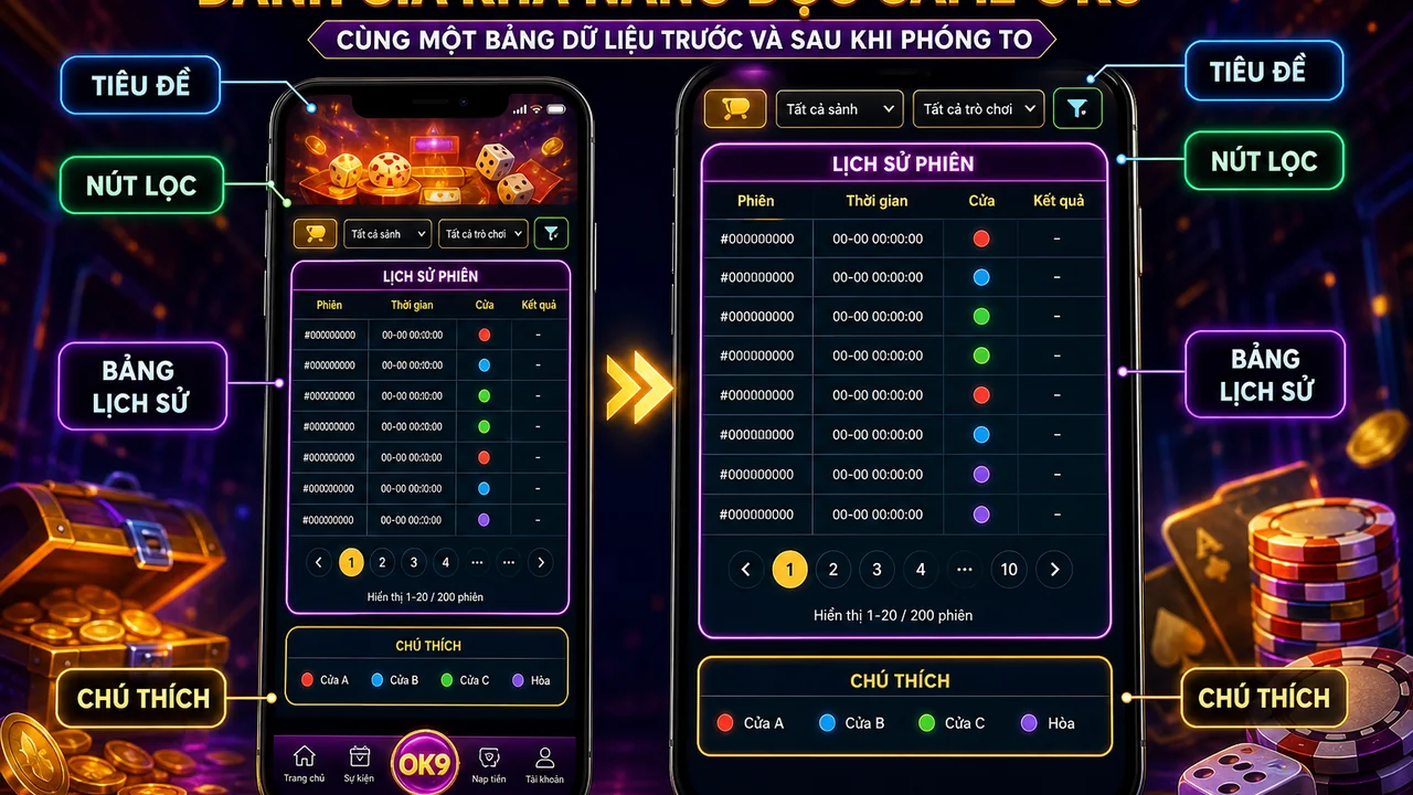Màn hình phóng to vẫn dễ theo dõi? So sánh định dạng game OK9 trên điện thoại