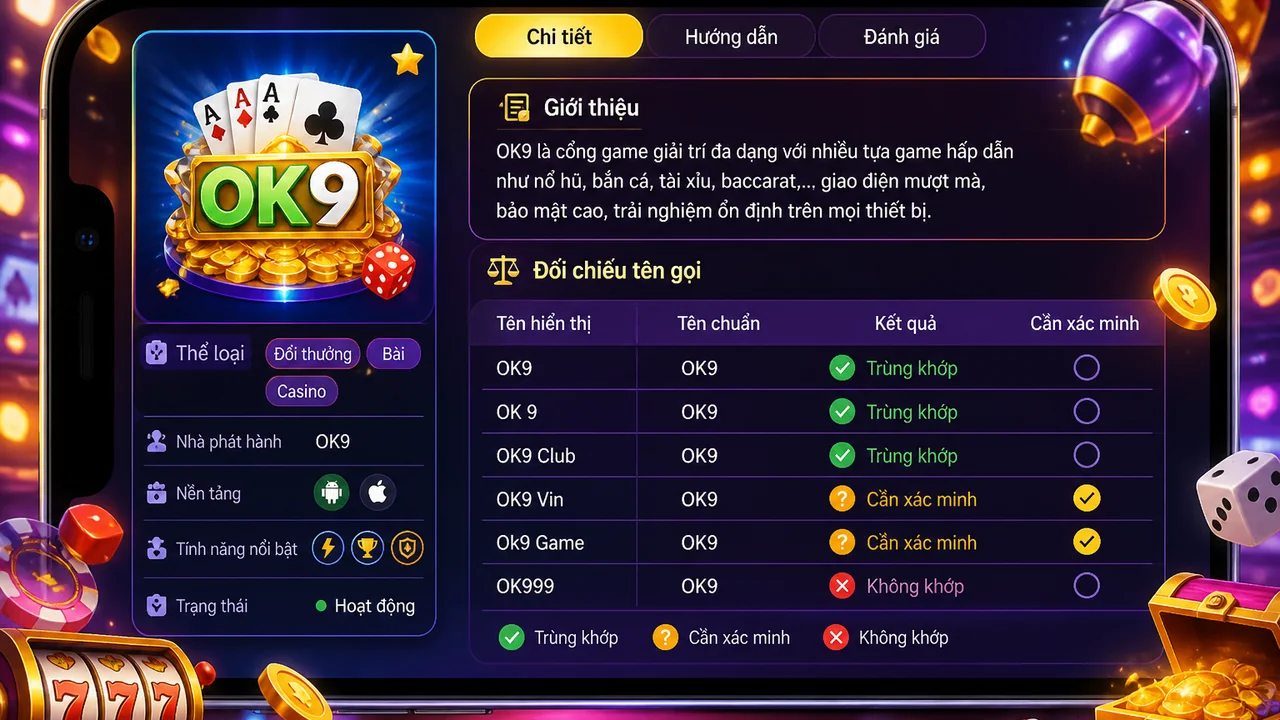 Đối chiếu tên định dạng game mới trên OK9 bằng điện thoại: đọc thẻ và trang chi tiết chuẩn hơn